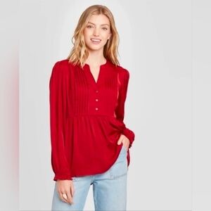Knox Rose Red Long Ballon Sleeve Blouse, Large